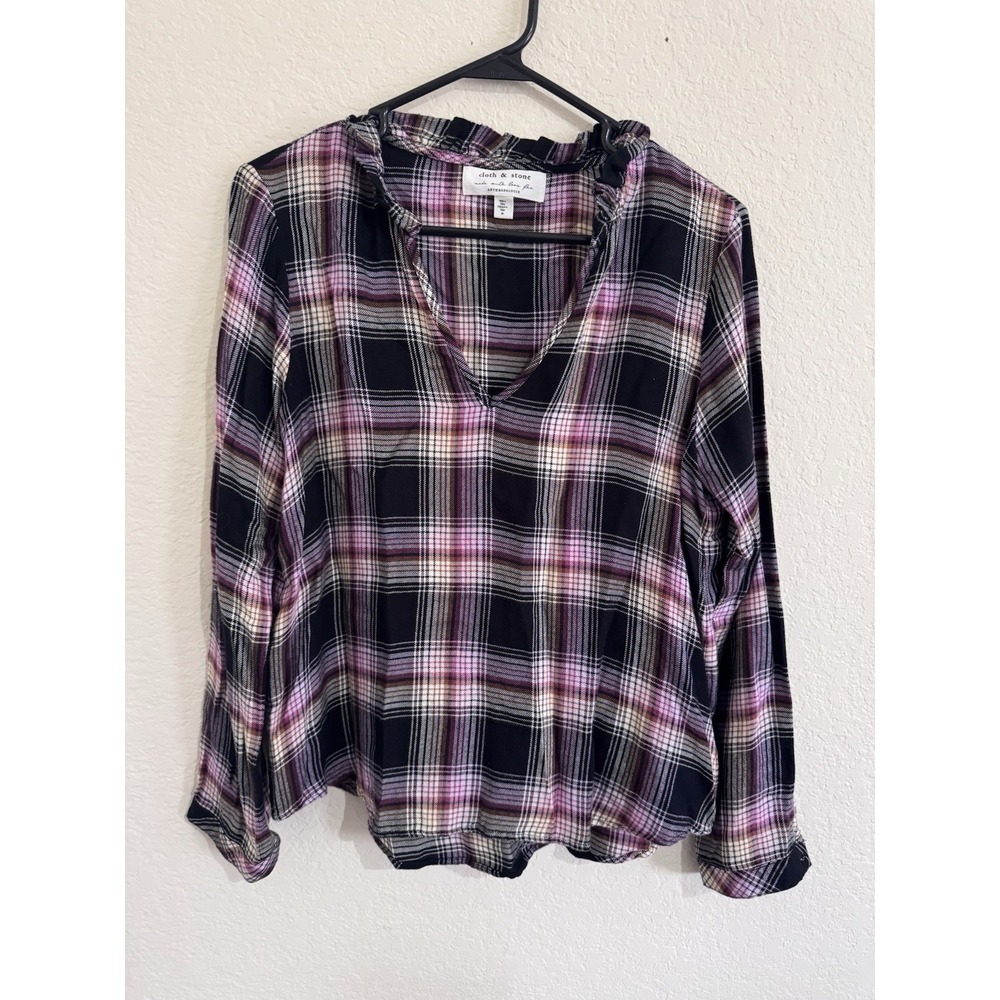 Cloth & Stone Anthropologie Top Womens XS Black‎ Plaid Ruffle Neck Boho Popover